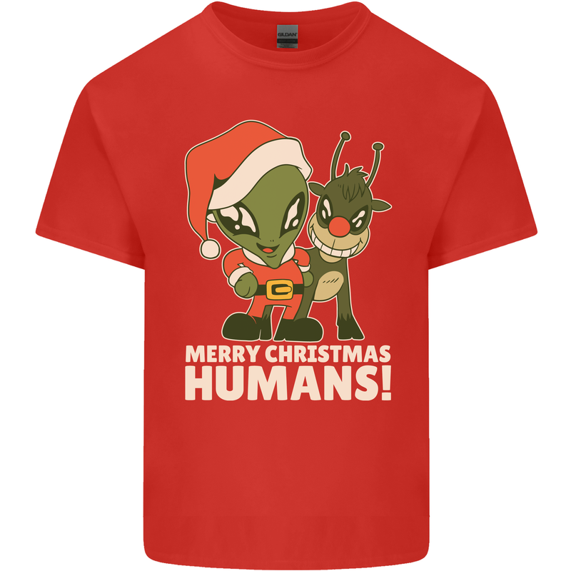 Merry Christmas Humans Funny Alien & Rudolf Xmas Mens Cotton T-Shirt Tee Top Red