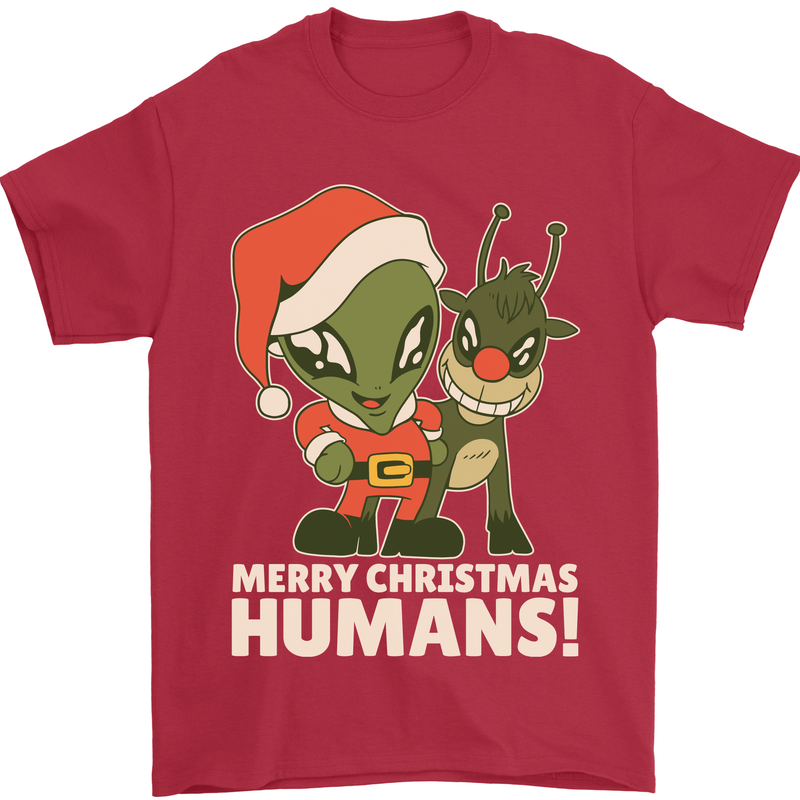 Merry Christmas Humans Funny Alien & Rudolf Xmas Mens T-Shirt 100% Cotton Red