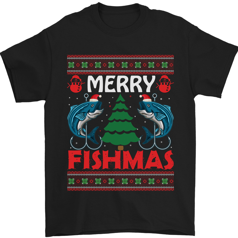 a black t - shirt with a merry fishmas design