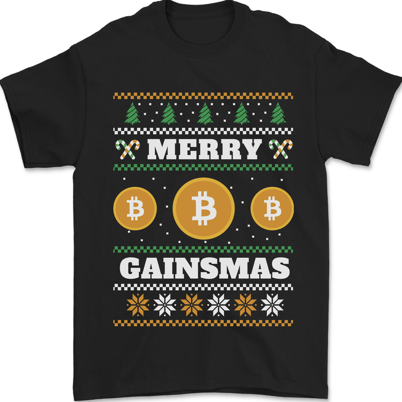 Merry Gainsmath Christmas Crypto Xmas Bitcoin Mens T-Shirt 100% Cotton Black
