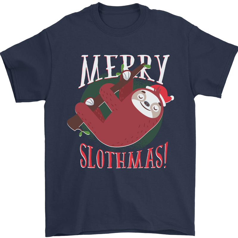 Merry Slothmas Funny Christmas Sloth Xmas Mens T-Shirt 100% Cotton Navy Blue