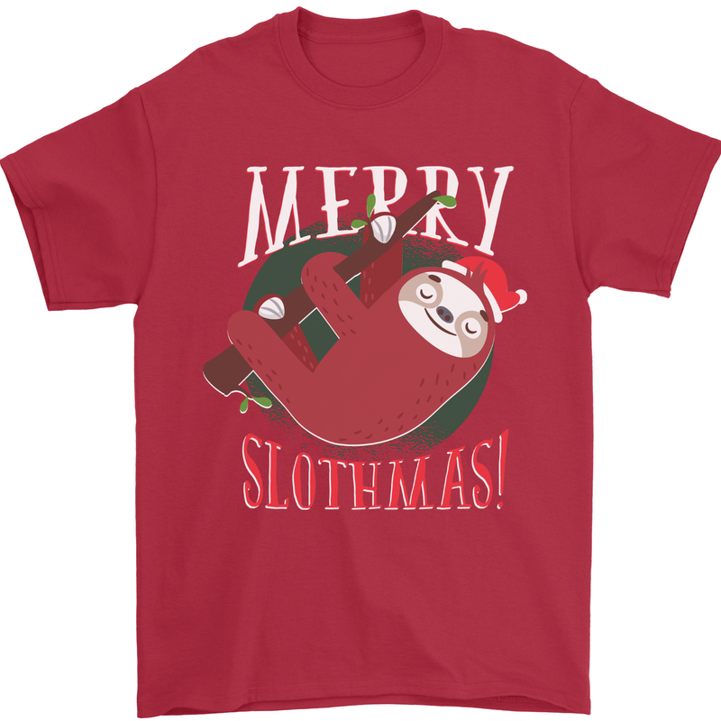 Merry Slothmas Funny Christmas Sloth Xmas Mens T-Shirt 100% Cotton Red