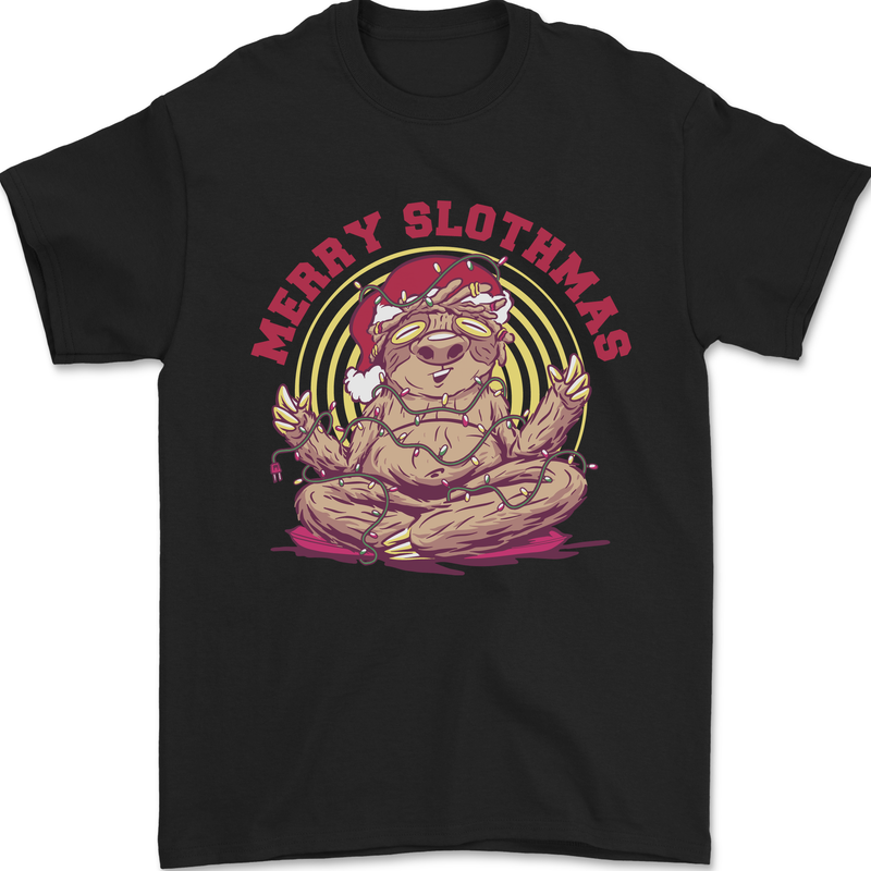 Merry Slothmas Funny Christmas Yoga Xmas Mens T-Shirt 100% Cotton Black