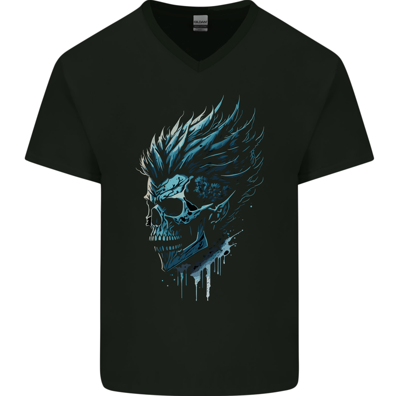 Mohawk Skull Mens V-Neck Cotton T-Shirt Black