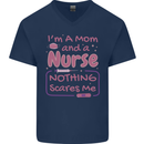 Mom and a Nurse Nothing Scares Me Mothers Day Mens V-Neck Cotton T-Shirt Navy Blue