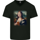 Mona Lisa Funny Beer Alcohol Parody Mens V-Neck Cotton T-Shirt Black