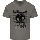 Monday Dead Inside Skull Work Mens V-Neck Cotton T-Shirt Charcoal