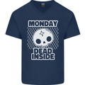 Monday Dead Inside Work Skull Mens V-Neck Cotton T-Shirt Navy Blue