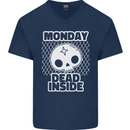 Monday Dead Inside Work Skull Mens V-Neck Cotton T-Shirt Navy Blue