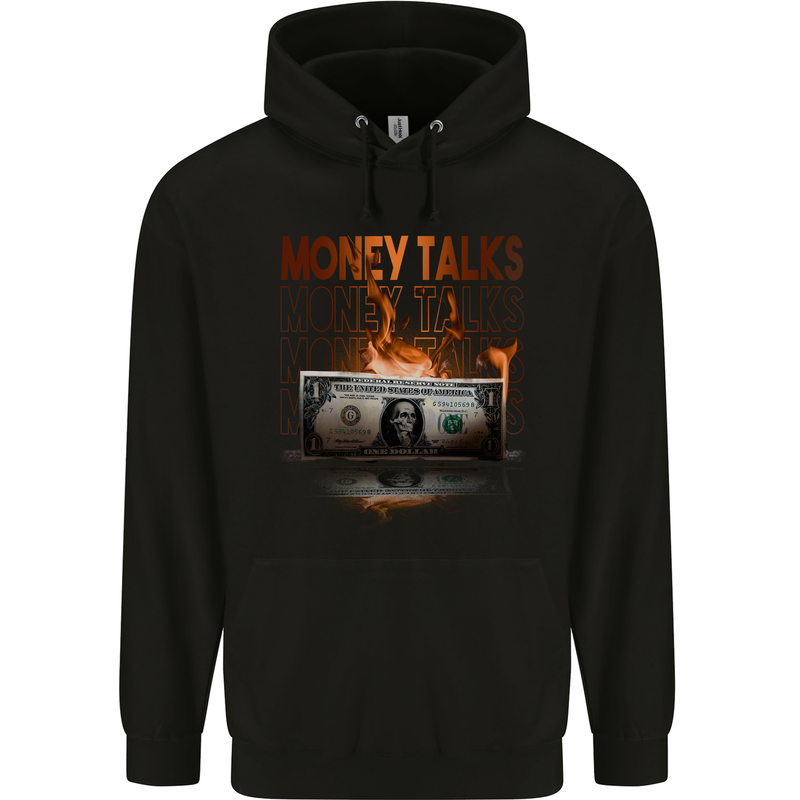 Money Talks Burning Cash Hustle Skull Childrens Kids Hoodie Black