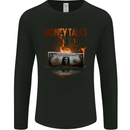 Money Talks Burning Cash Hustle Skull Mens Long Sleeve T-Shirt Black
