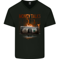 Money Talks Burning Cash Hustle Skull Mens V-Neck Cotton T-Shirt Black
