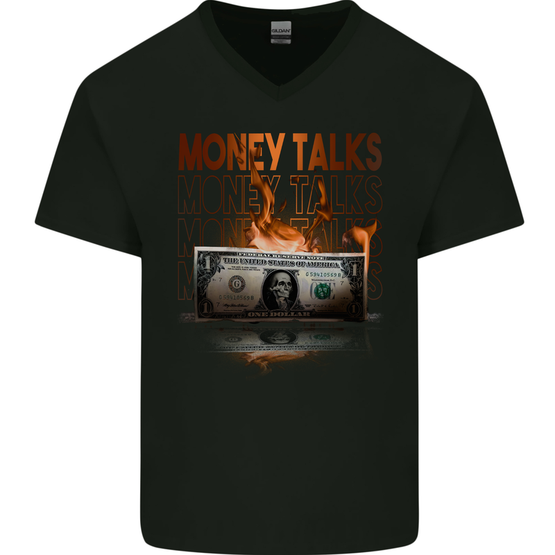 Money Talks Burning Cash Hustle Skull Mens V-Neck Cotton T-Shirt Black