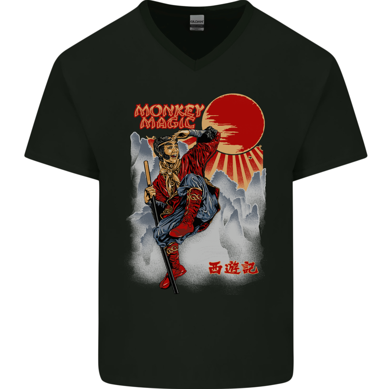 Monkey Magic Retro 70s Martial Arts TV Mens V-Neck Cotton T-Shirt Black