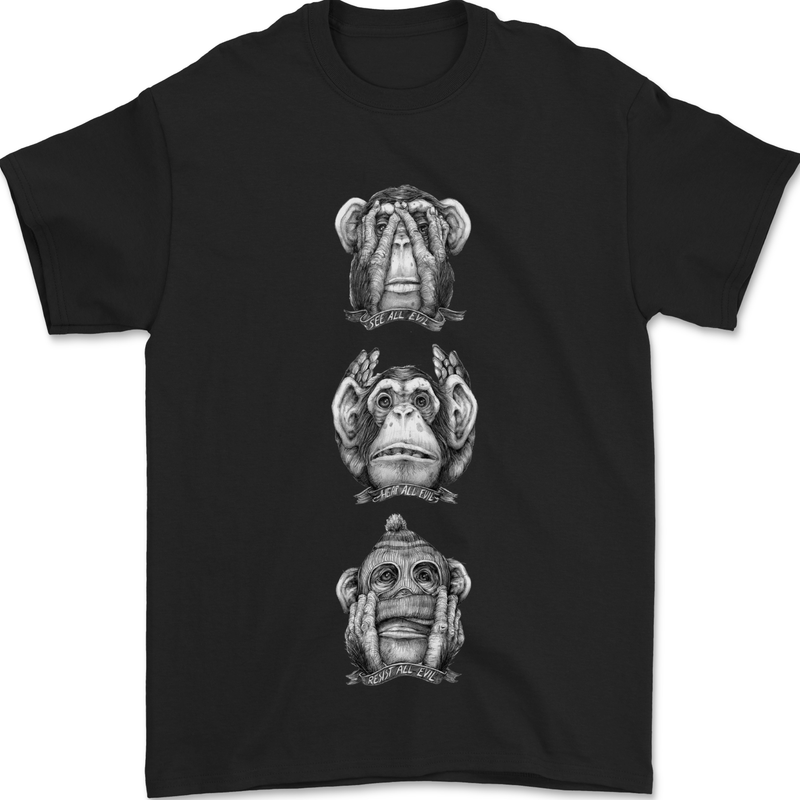 Monkeys See Hear Resist All Evil Chimp Mens T-Shirt 100% Cotton Black