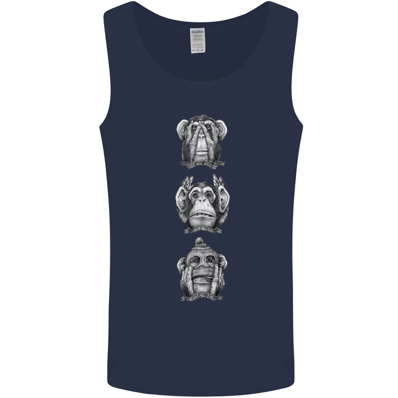 Monkeys See Hear Resist All Evil Chimp Mens Vest Tank Top Navy Blue