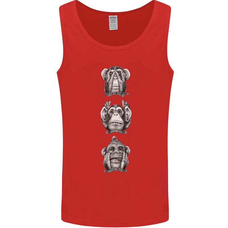 Monkeys See Hear Resist All Evil Chimp Mens Vest Tank Top Red