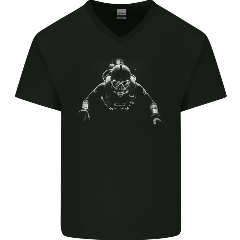 Monochrome Scuba Diver Diving Dive Mens V-Neck Cotton T-Shirt Black