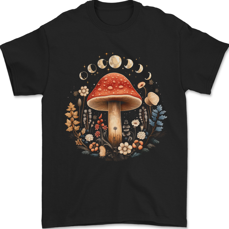 Moon Phases Mushroom Nature Foraging Mens T-Shirt 100% Cotton Black