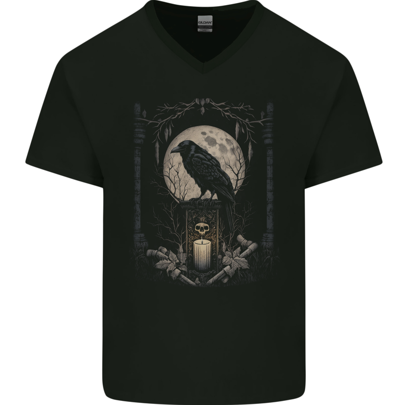 Moon & Crow Gothic Goth Vikings Skull Raven Mens V-Neck Cotton T-Shirt Black
