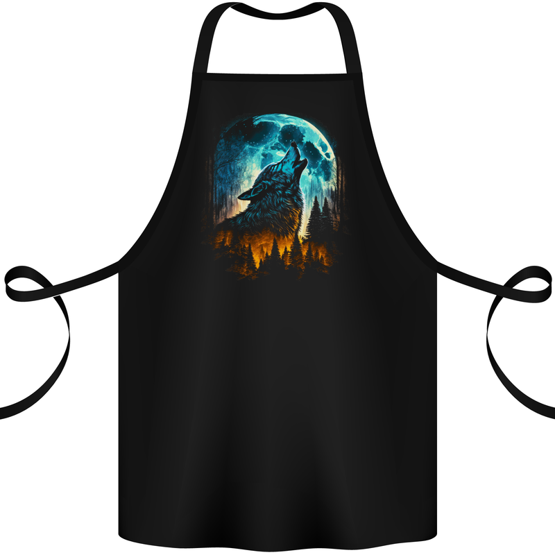 Moon and Wolf Fantasy Cotton Apron 100% Organic Black