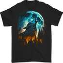 Moon and Wolf Fantasy Mens T-Shirt 100% Cotton BLACK