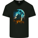 Moon and Wolf Fantasy Mens V-Neck Cotton T-Shirt Black