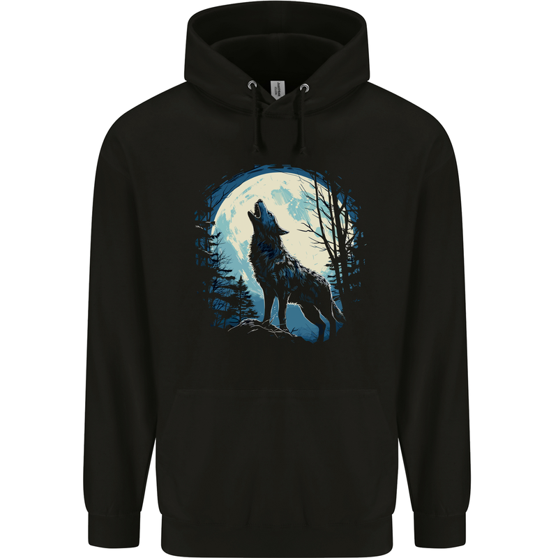 Moonlit Howling Wolf Fantasy Childrens Kids Hoodie Black