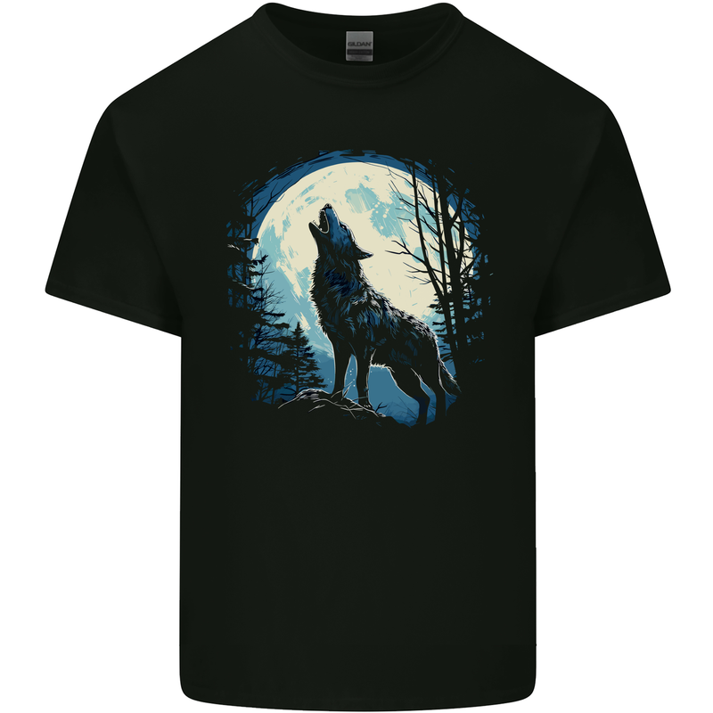 Moonlit Howling Wolf Fantasy Mens Cotton T-Shirt Tee Top Black