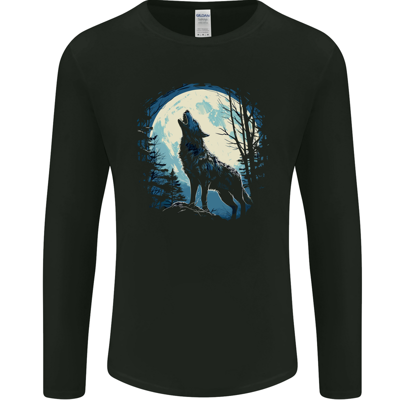Moonlit Howling Wolf Fantasy Mens Long Sleeve T-Shirt Black