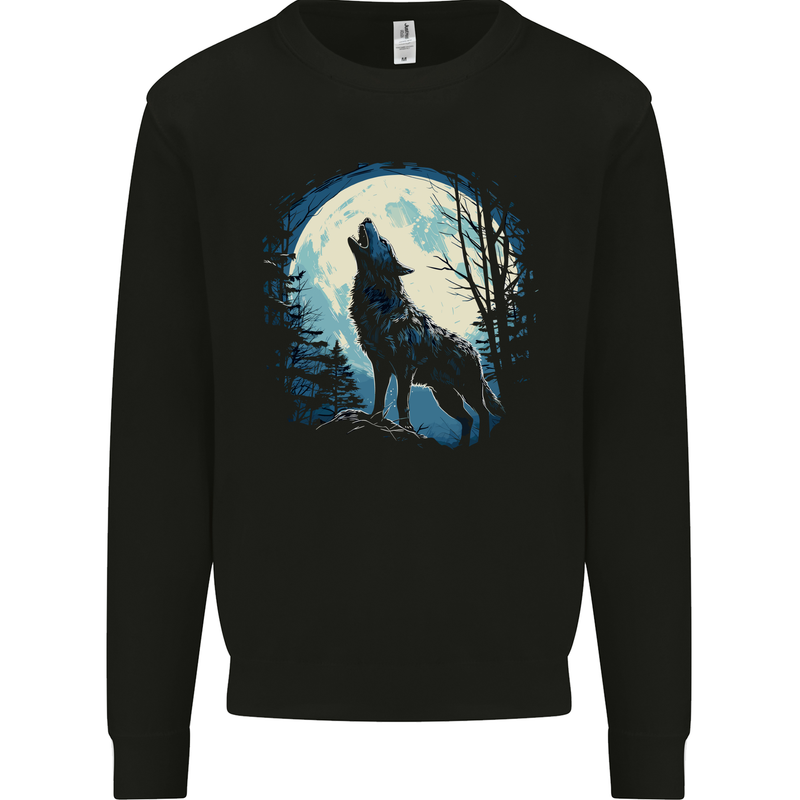 Moonlit Howling Wolf Fantasy Mens Sweatshirt Jumper Black