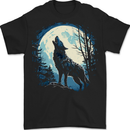 Moonlit Howling Wolf Fantasy Mens T-Shirt 100% Cotton BLACK