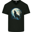Moonlit Howling Wolf Fantasy Mens V-Neck Cotton T-Shirt Black