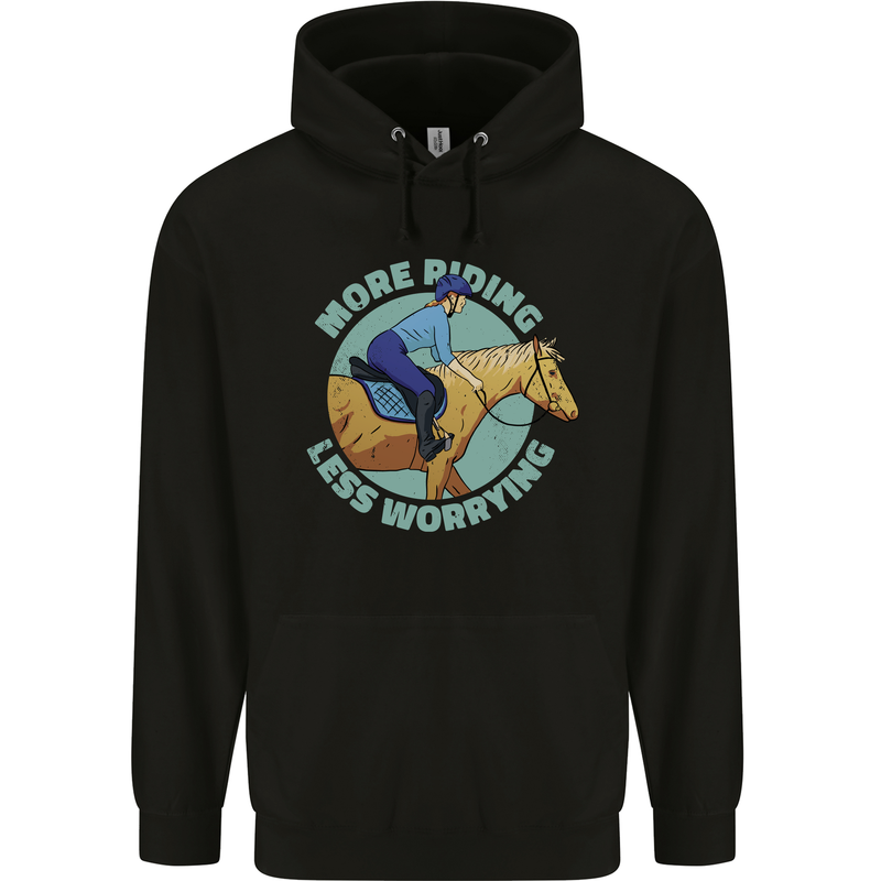 More Horse Riding Less Worrying Equestrian Mens 80% Cotton Hoodie Black