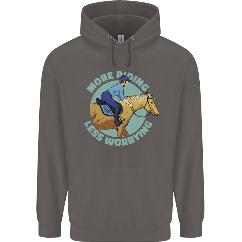 More Horse Riding Less Worrying Equestrian Mens 80% Cotton Hoodie Charcoal