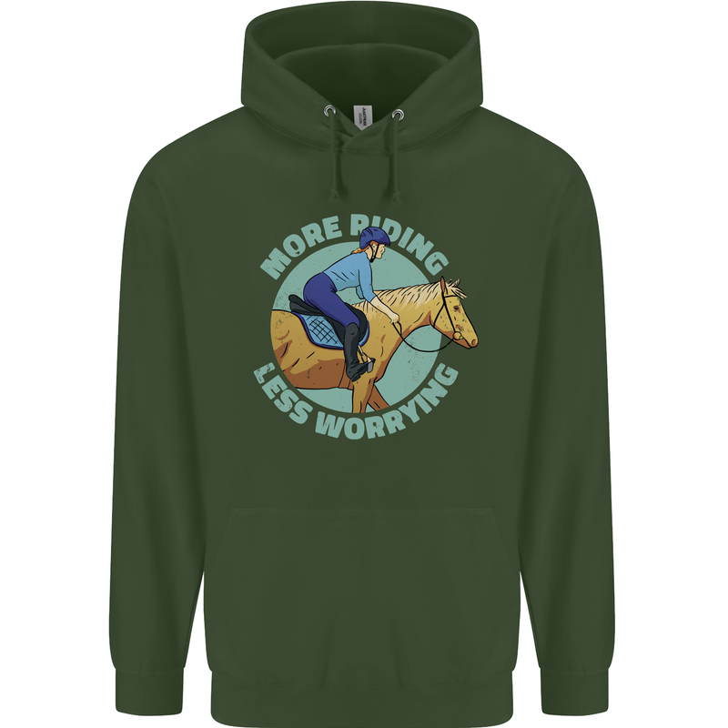 More Horse Riding Less Worrying Equestrian Mens 80% Cotton Hoodie Forest Green