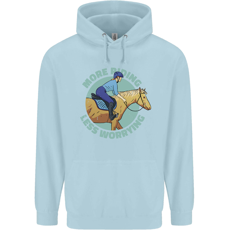 More Horse Riding Less Worrying Equestrian Mens 80% Cotton Hoodie Light Blue