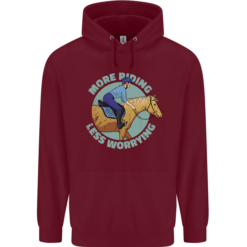 More Horse Riding Less Worrying Equestrian Mens 80% Cotton Hoodie Maroon