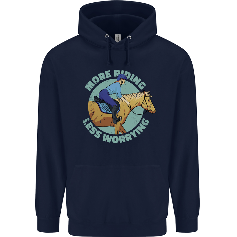 More Horse Riding Less Worrying Equestrian Mens 80% Cotton Hoodie Navy Blue