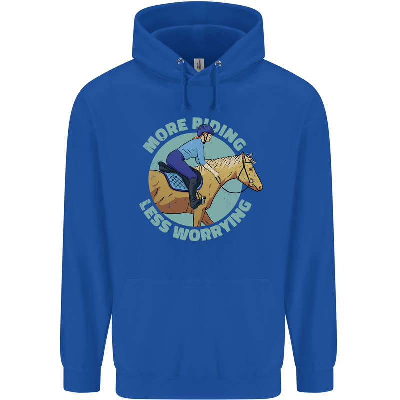 More Horse Riding Less Worrying Equestrian Mens 80% Cotton Hoodie Royal Blue