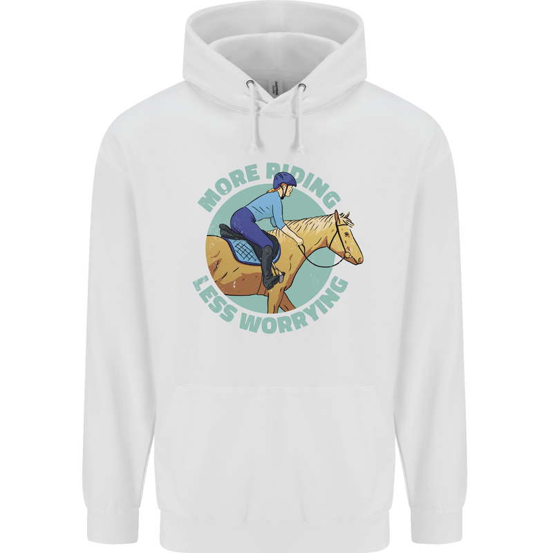 More Horse Riding Less Worrying Equestrian Mens 80% Cotton Hoodie White