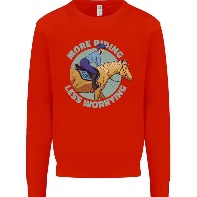More Horse Riding Less Worrying Equestrian Mens Sweatshirt Jumper Bright Red