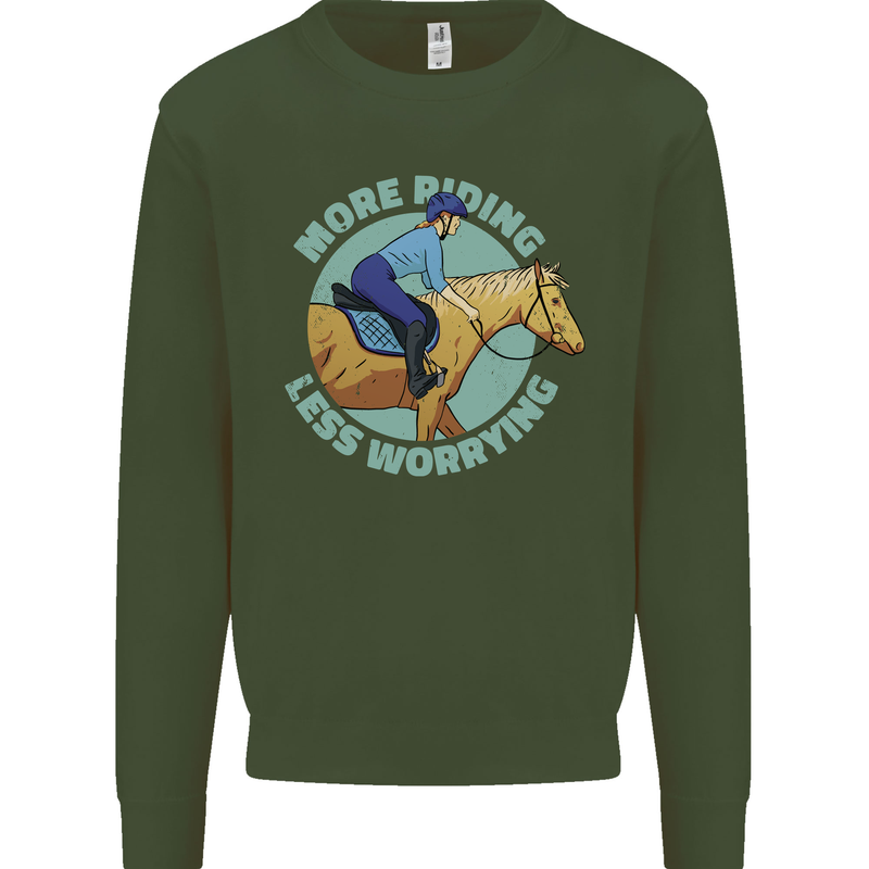 More Horse Riding Less Worrying Equestrian Mens Sweatshirt Jumper Forest Green