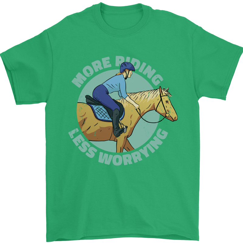 More Horse Riding Less Worrying Equestrian Mens T-Shirt 100% Cotton Irish Green