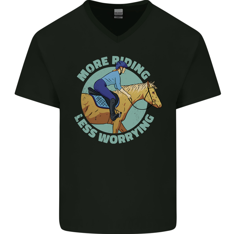 More Horse Riding Less Worrying Equestrian Mens V-Neck Cotton T-Shirt Black