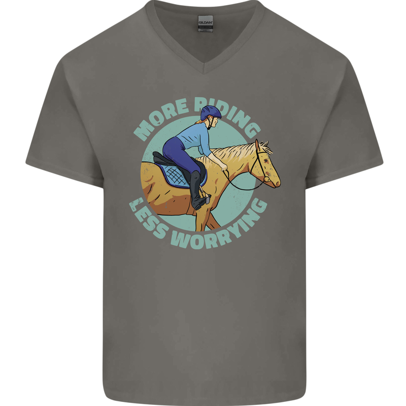 More Horse Riding Less Worrying Equestrian Mens V-Neck Cotton T-Shirt Charcoal