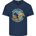 More Horse Riding Less Worrying Equestrian Mens V-Neck Cotton T-Shirt Navy Blue