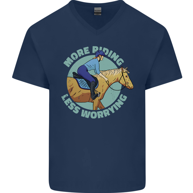 More Horse Riding Less Worrying Equestrian Mens V-Neck Cotton T-Shirt Navy Blue
