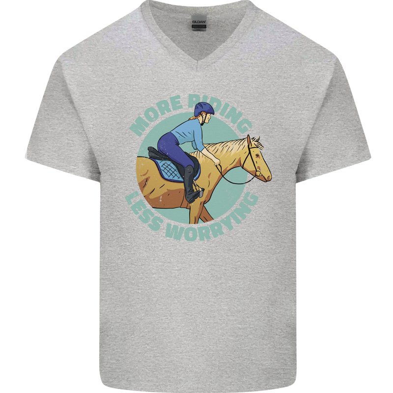 More Horse Riding Less Worrying Equestrian Mens V-Neck Cotton T-Shirt Sports Grey