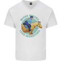 More Horse Riding Less Worrying Equestrian Mens V-Neck Cotton T-Shirt White